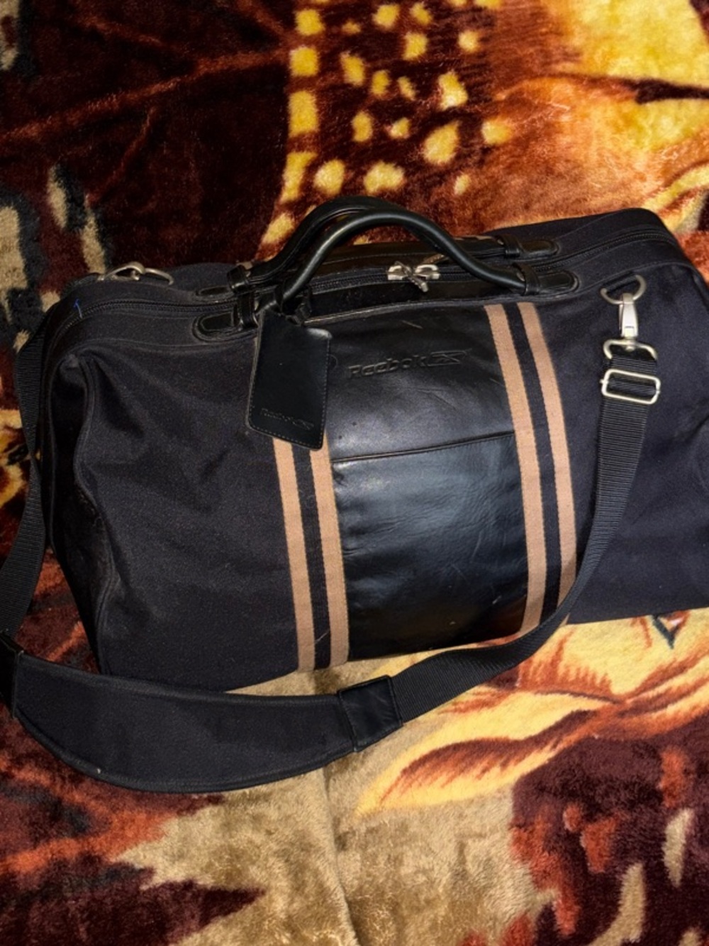 Vintage Rebook Men's Leather Black Travel Gym Duffel Bag with Tan Stripes
